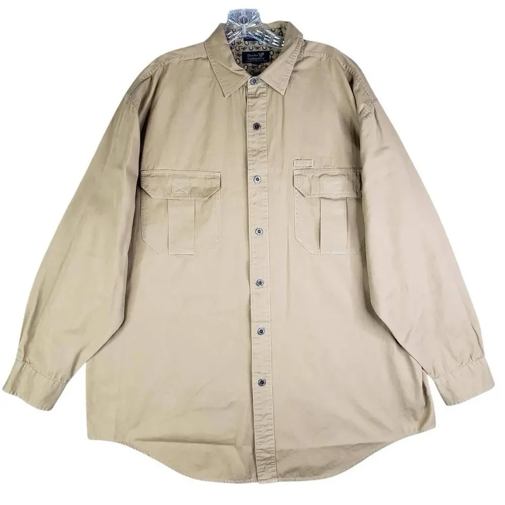 Ducks Unlimited Shirt Tan Khaki Button Down Men's Size XL Long Sleeve